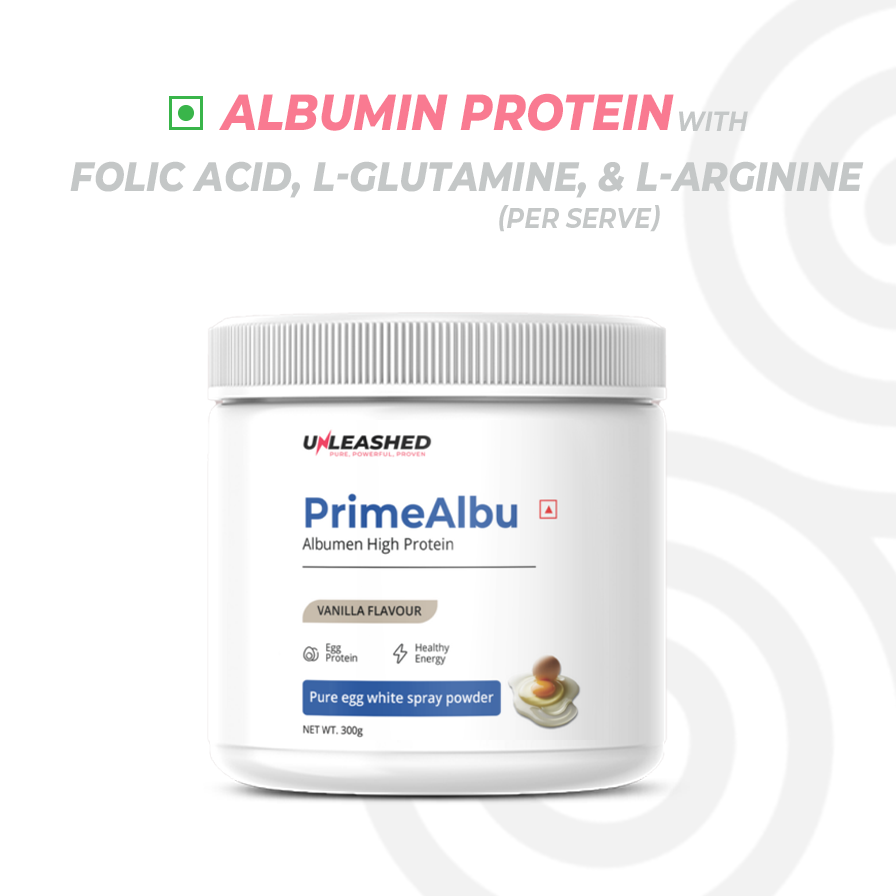 Unleashed PrimeAlbu Protein Powder | High-Quality Recovery Nutrition with BCAAs, Vitamins, Probiotics & DHA – Vanilla, 300g