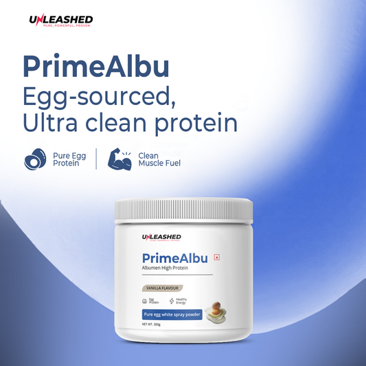 Unleashed PrimeAlbu Protein Powder | High-Quality Recovery Nutrition with BCAAs, Vitamins, Probiotics & DHA – Vanilla, 300g