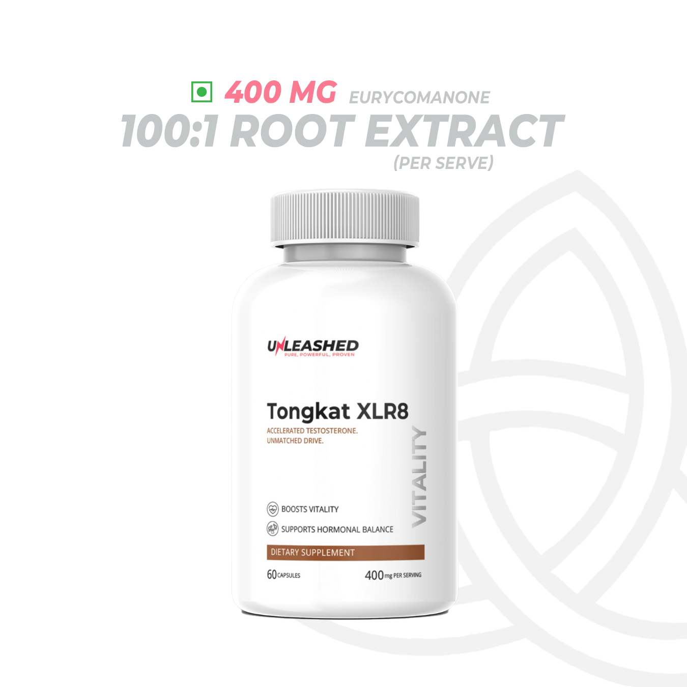 Unleashed Tongkat XLR8 Extract 400mg | Testosterone Booster for Strength, Energy & Endurance – 60 Veg Capsules | 100:1 Root Extract with 1% Eurycomanone & BioPerine