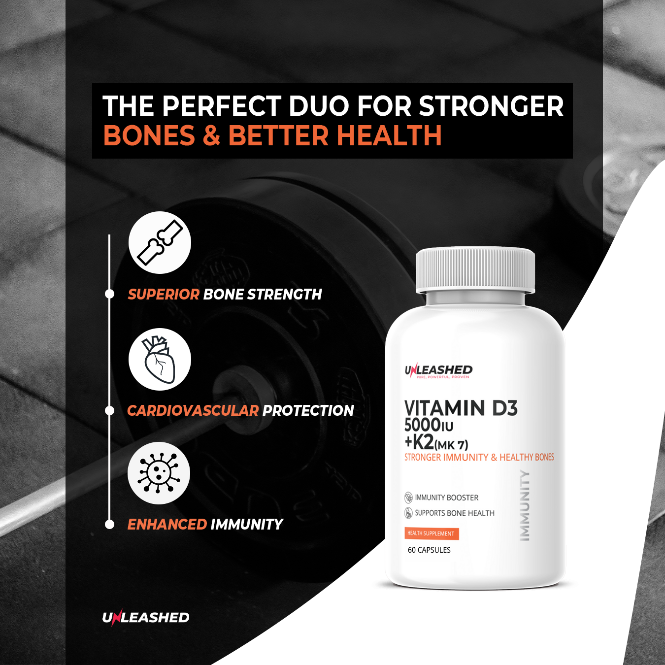 Unleashed Vitamin D3 5000IU + K2 55mcg (MK7) | Strong Bones, Immunity & Heart Health - 60 Veg Capsules