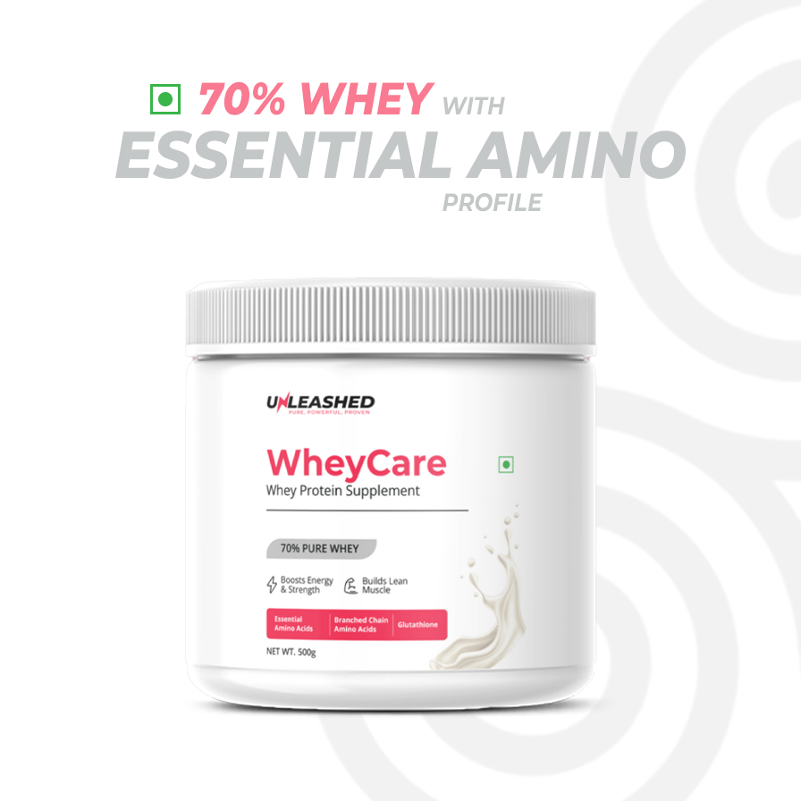 Unleashed WheyCare Whey Protein 70% | Muscle Growth & Recovery Formula – 500g Vanilla | Fast-Absorbing, No Sugar Added