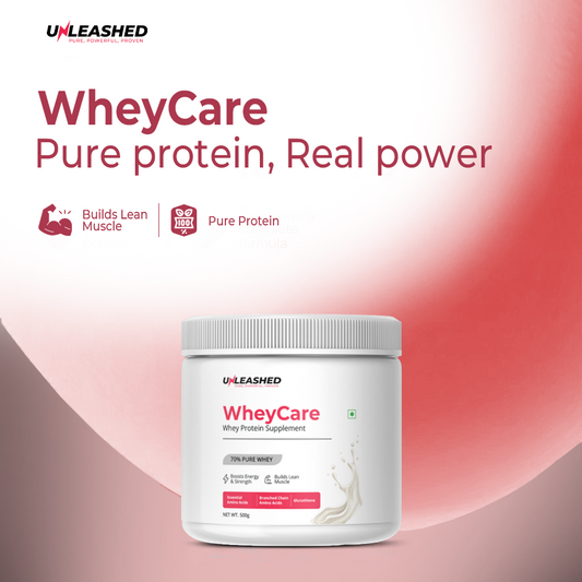 Unleashed WheyCare Whey Protein 70% | Muscle Growth & Recovery Formula – 500g Vanilla | Fast-Absorbing, No Sugar Added