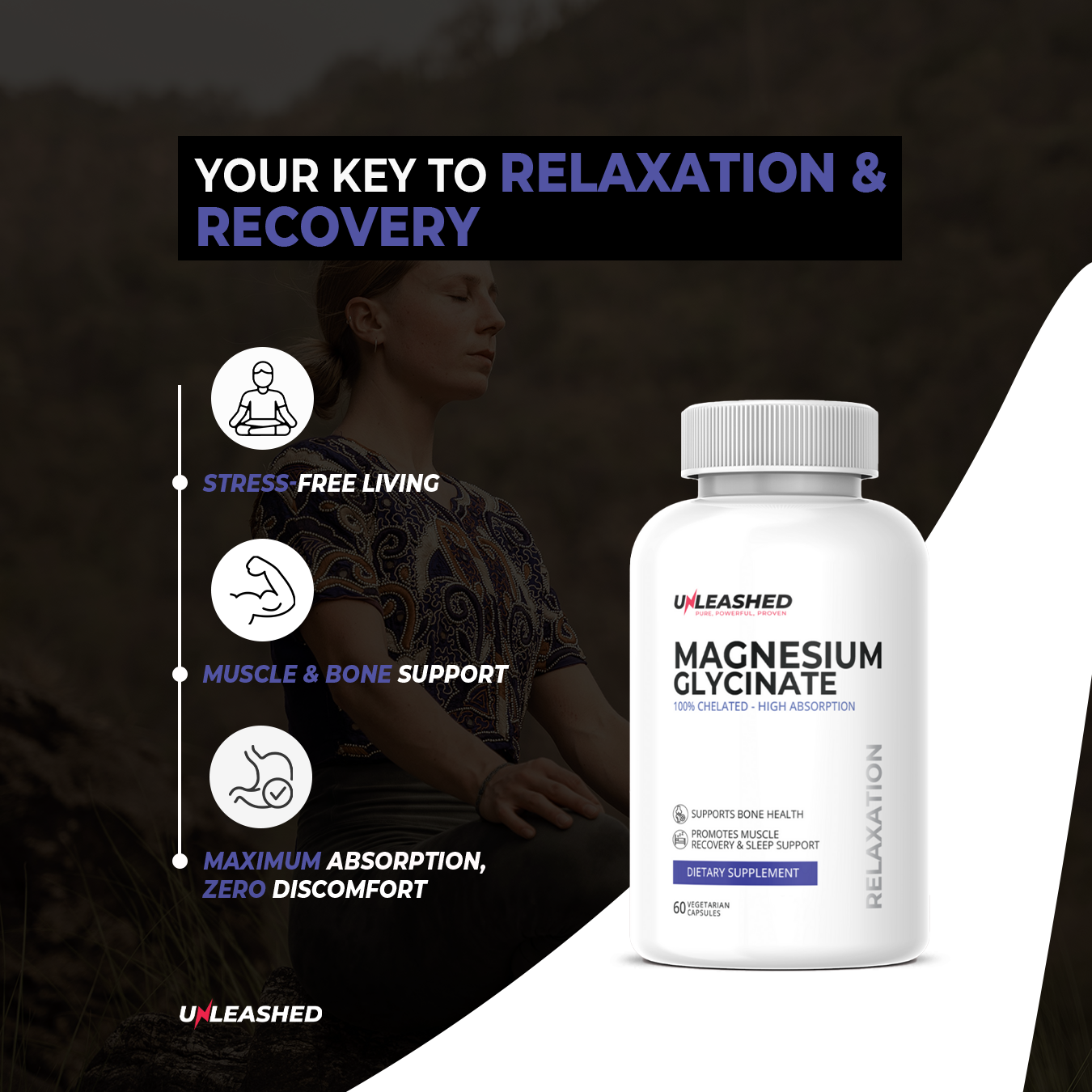 Unleashed Chelated Magnesium Glycinate 2000mg | Muscle Recovery & Deep Sleep Aid - 60 Veg Tablets