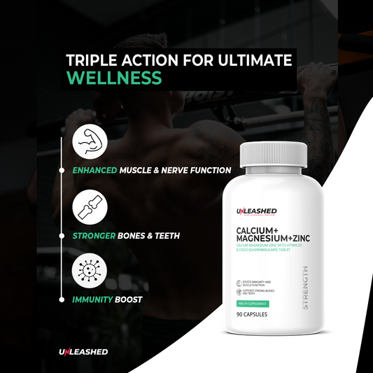 Unleashed Calcium Magnesium Zinc with D3, K2 & B12 | Complete Bone & Joint Support - 90 Veg Capsules