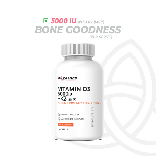 Unleashed Vitamin D3 5000IU + K2 55mcg (MK7) | Strong Bones, Immunity & Heart Health - 60 Veg Capsules